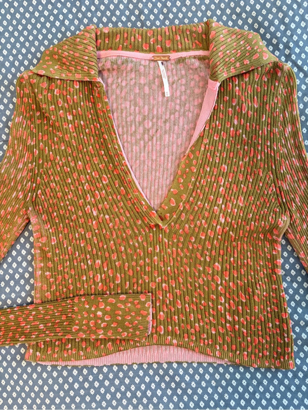 Free People Olive Green Pink Floral Ribbed Collared Top XS